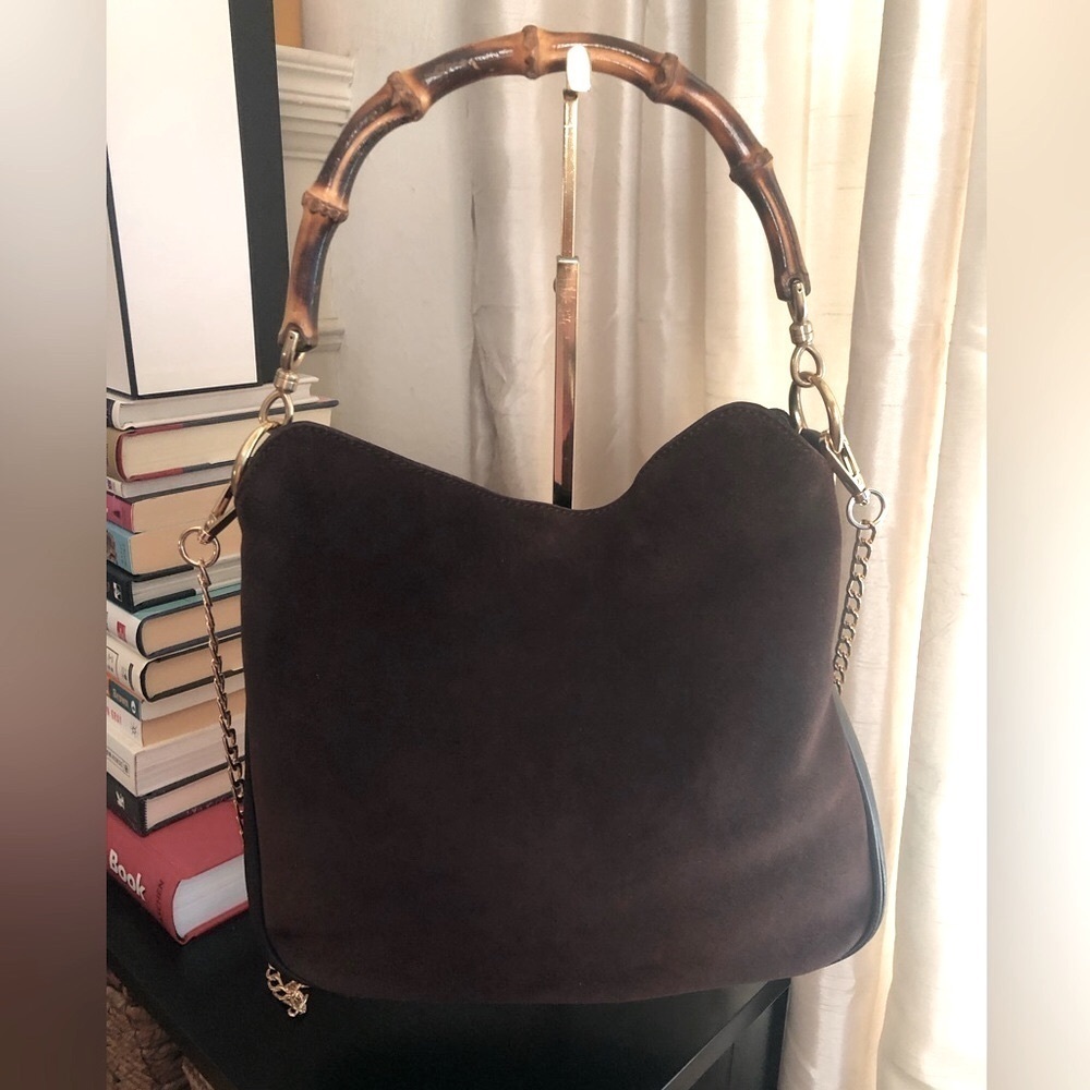 Authentic GUCCI Bamboo Hand Bag Suede 2way Dark Brown + COA